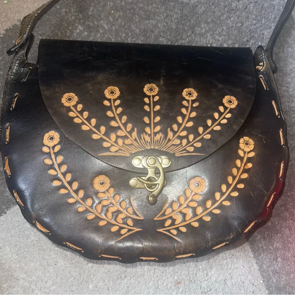 Hand Crafted Black Saddle Bag with floral Pattern - Image 12