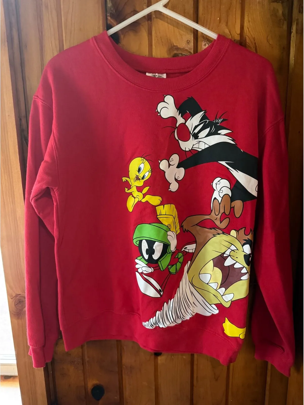 Looney Tunes Crewneck Sweatshirt Cartoon Characters Red Pullover Size Medium - Image 1