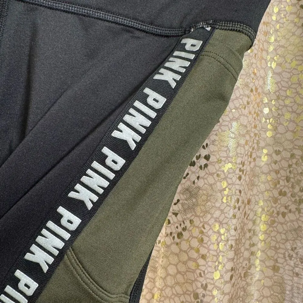 PINK Victorias Secret Black Dark Green Logo Stripe Cozy Leggings Small - Image 3