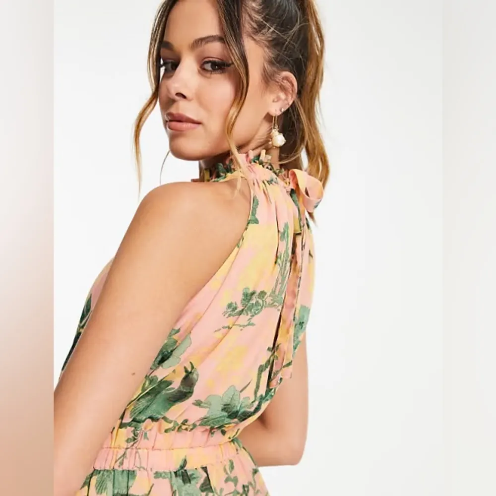 ASOS DESIGN Maternity Chiffon Gathered Waist Halter Jumpsuit In Floral Print 12 Orange Size undefined - Image 3