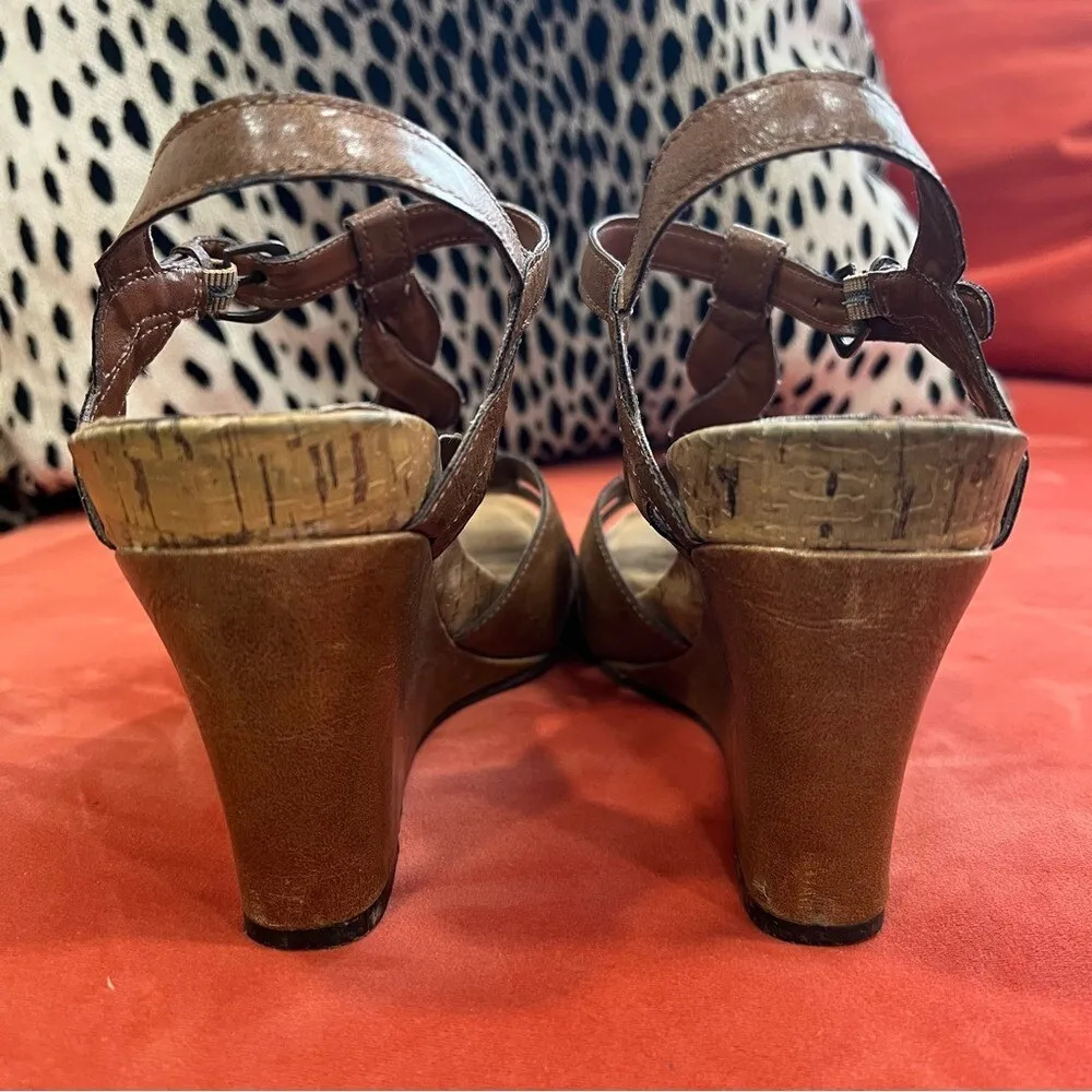 Aerosoles Brown Faux Leather Cork Wedge Sandals 10 M Comfort Boho Retro Chic - Image 7