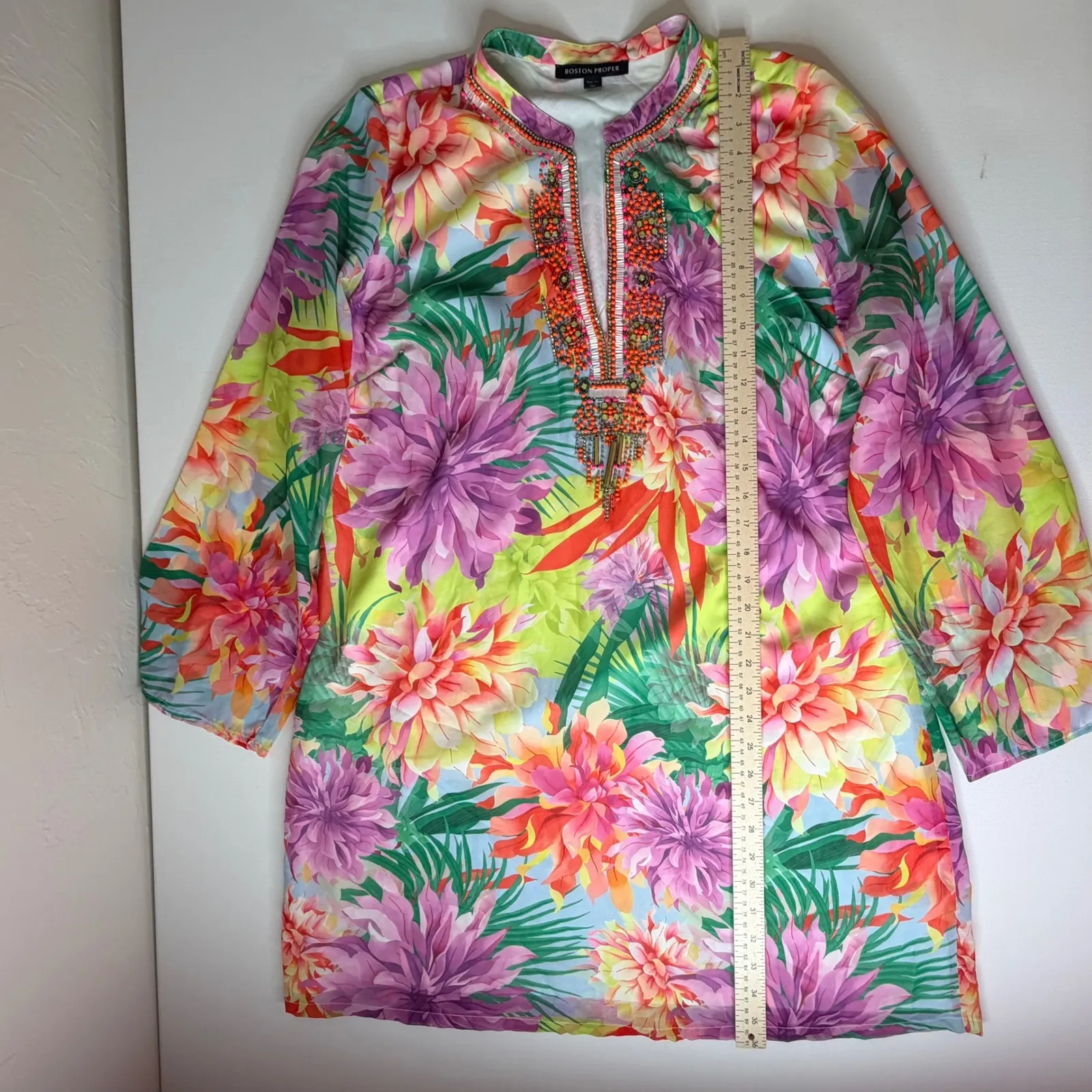 Boston Proper Beaded Floral Tunic Dress Sz XL Tropical Cover Up Resort Colorful - Image 9