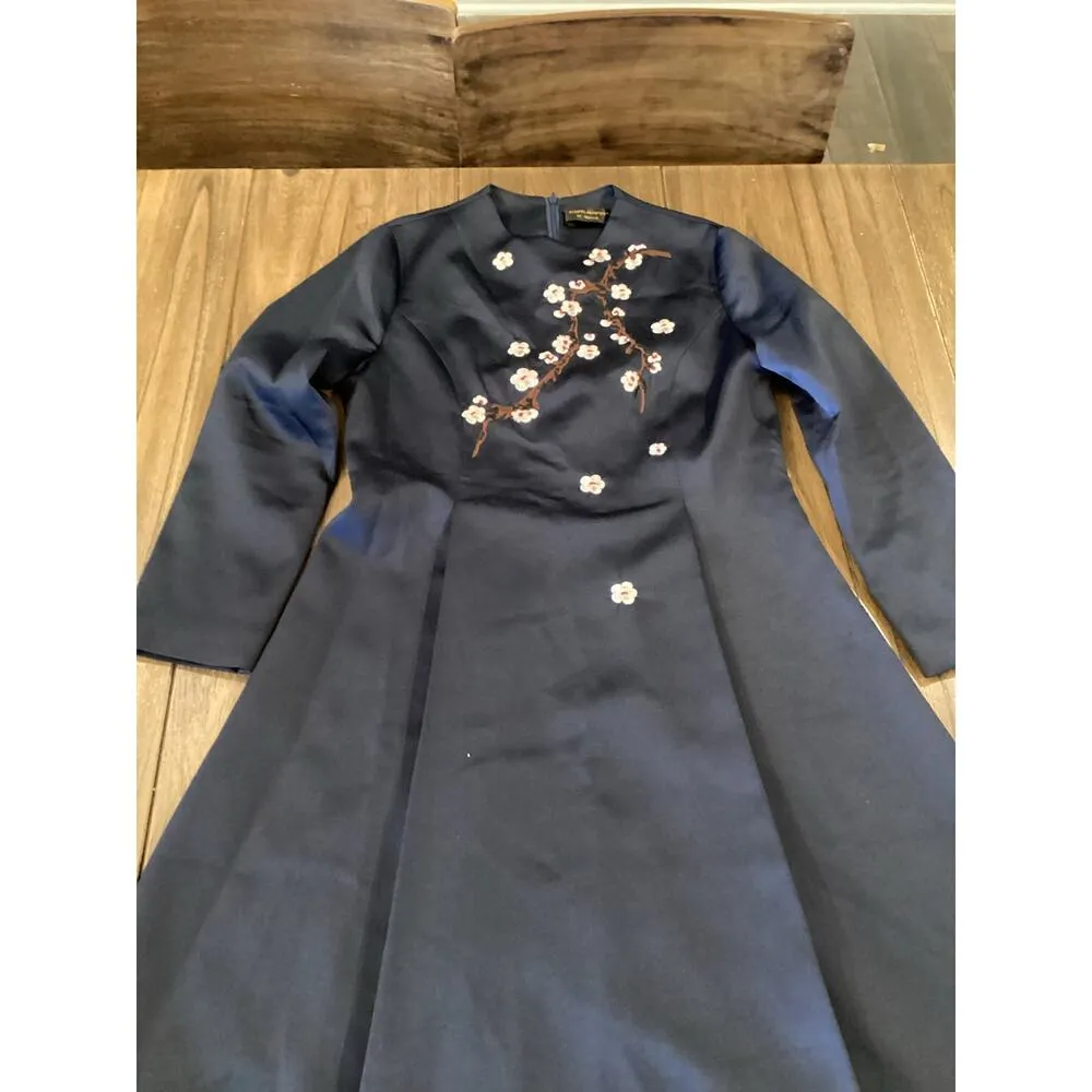 Gyalwana Embroidered Floral cherry blossom satin flare swing Dress 13 M/ L Blue Size L - Image 12
