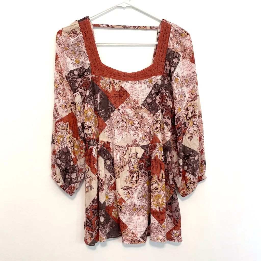 MAURICES Crochet Trim Patchwork Babydoll Blouse Multi Floral Boho 3/4 Sleeve Top - Image 3