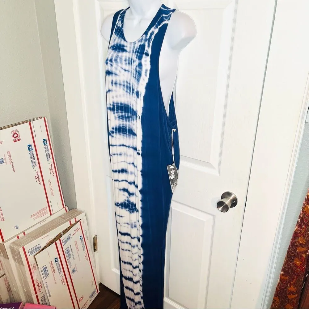 Young Fabulous & Broke Tie Dye Racerback Draped Armholes Maxi Dress Blue M NWT - Image 3