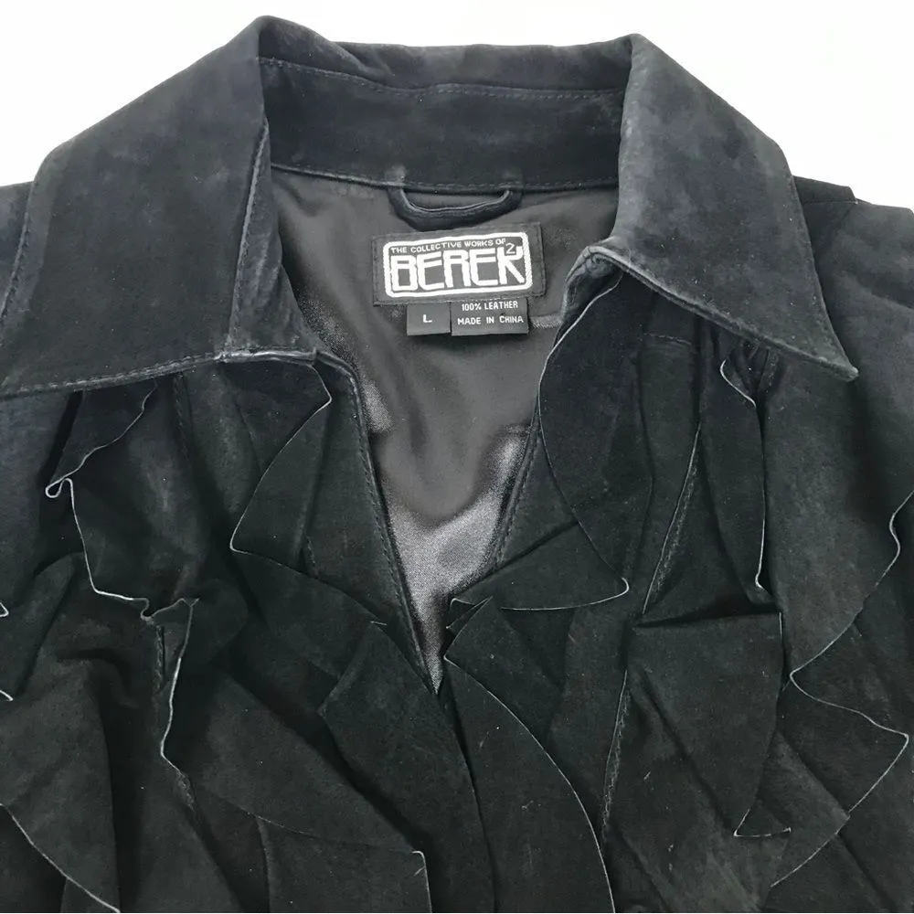 VINTAGE Berek Black Suede Leather Jacket Ruffle Neckline Button Front Size Large - Image 4