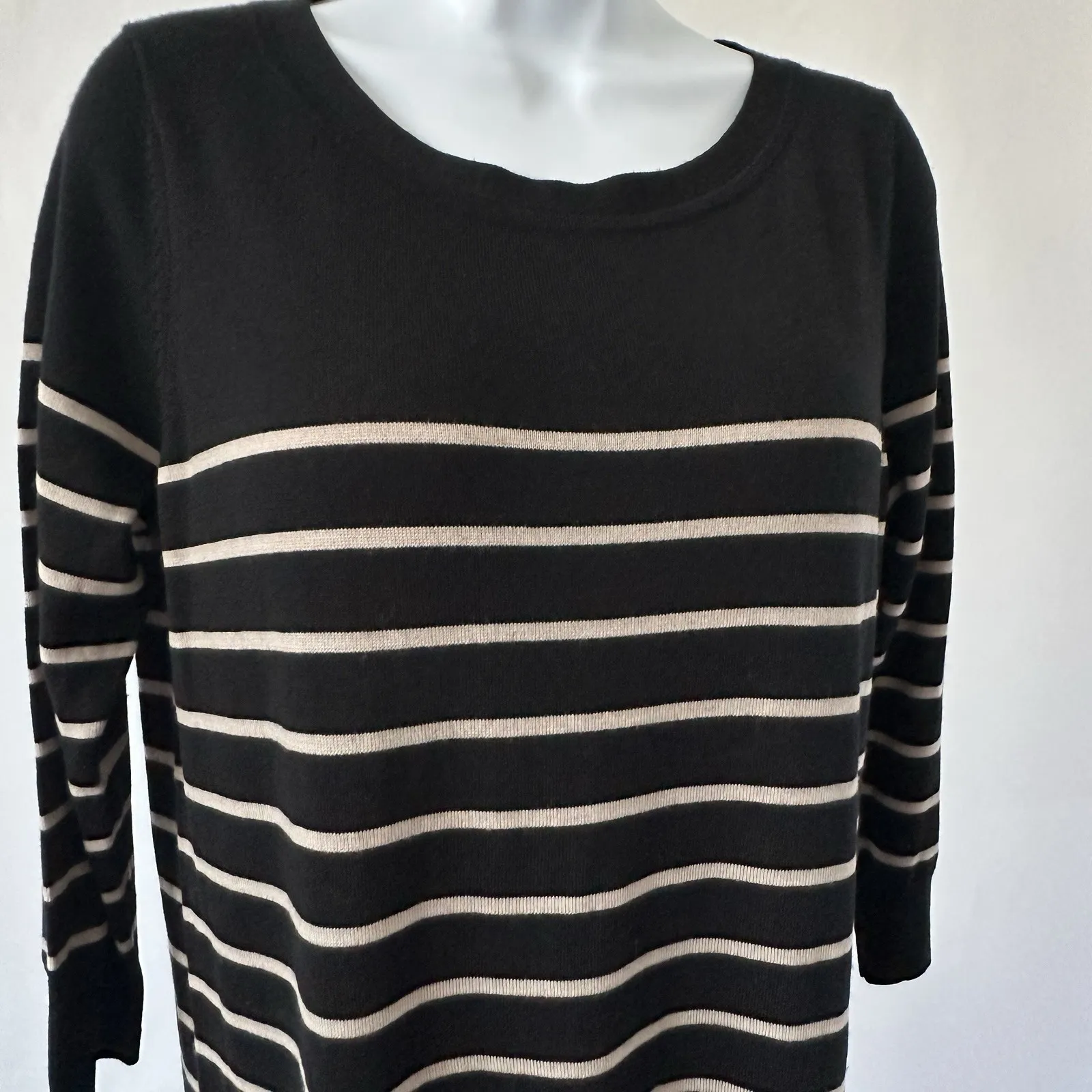 Uniqlo Black Tan Striped Lightweight Wool Sweater Dress,  Sz L (b40) - Image 3