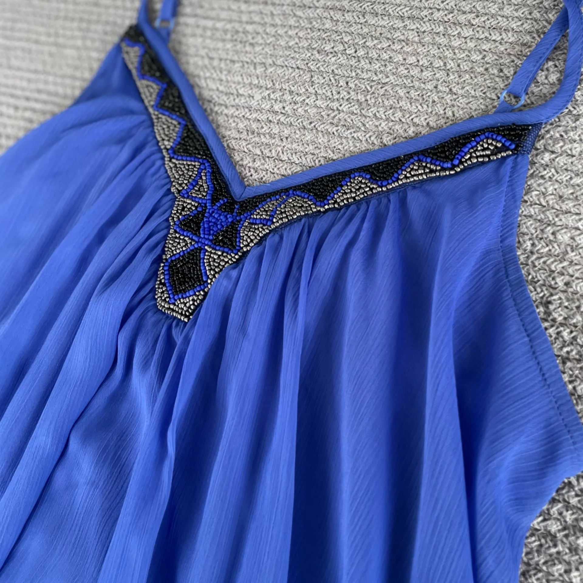 Vintage Y2K Express Cobalt Blue Sheer Beaded Mini Dress Spaghetti Straps Sz S - Image 9