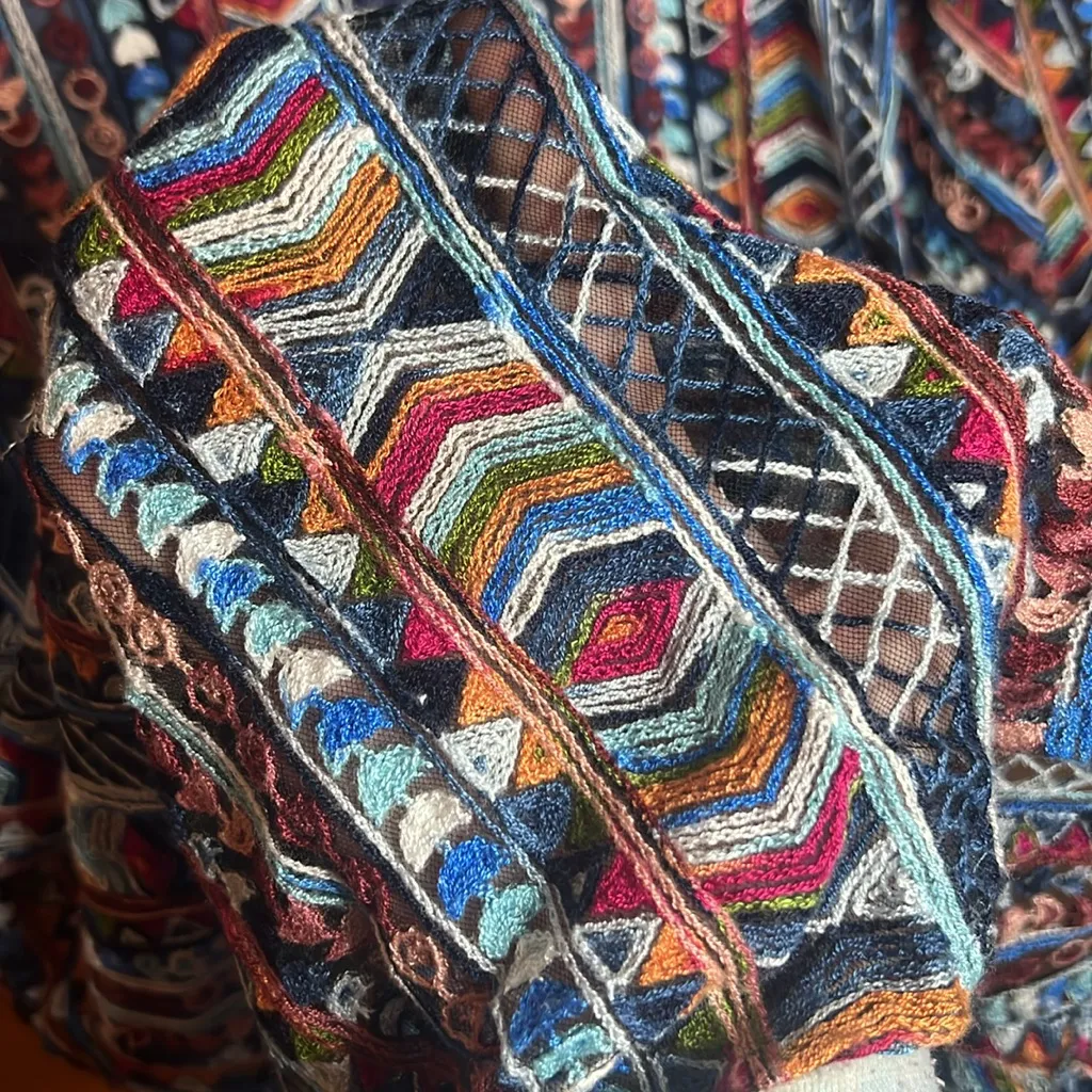 Velzera Embroidered Flare Sleeve Tunic Dress Geometric Tassle Cotton Coastal L - Image 8