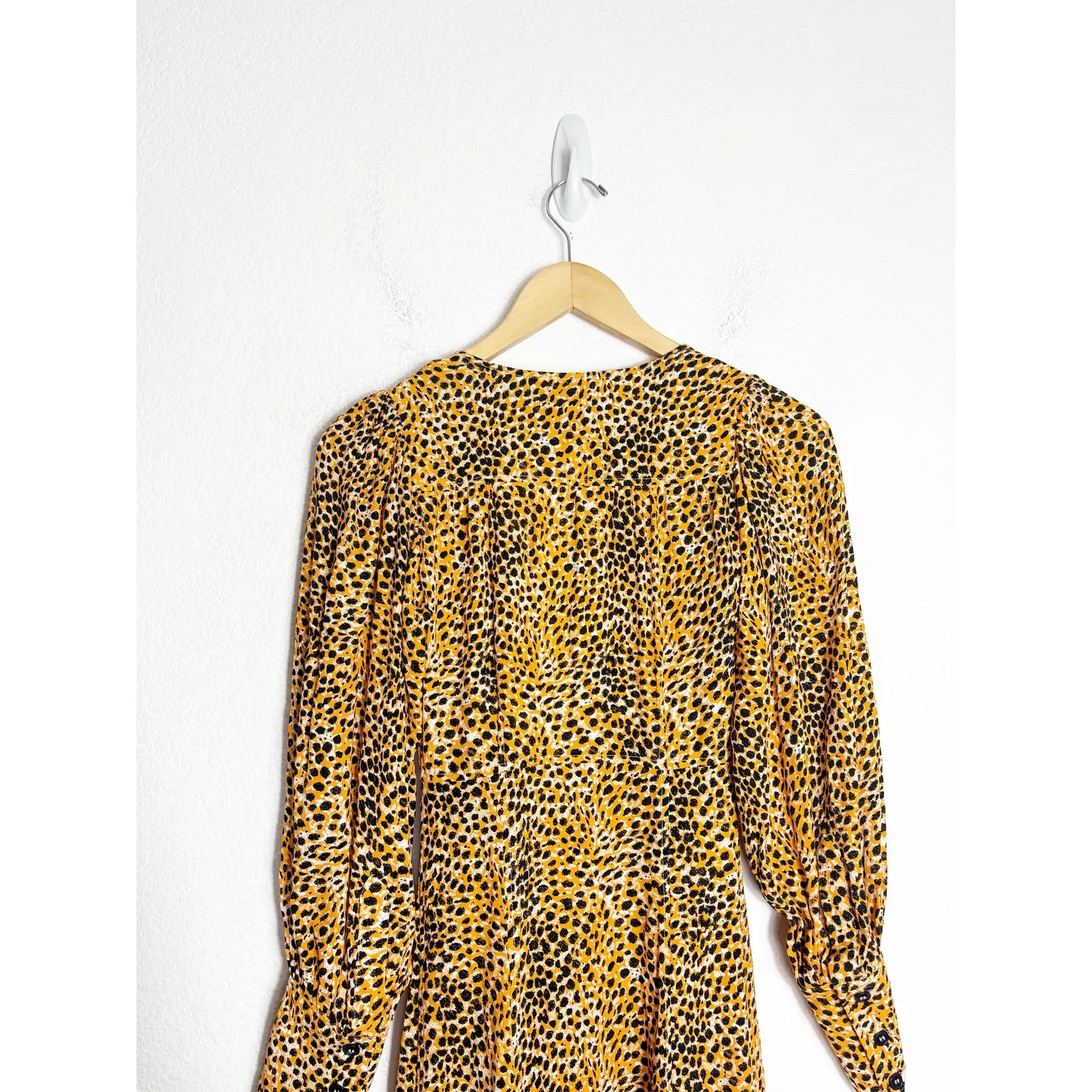 Ganni Leopard Print Plunge Midi Dress Crepe Yellow Animal Print Long Sleeve - Image 11