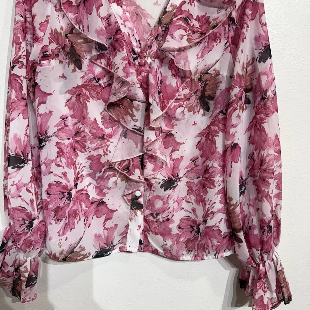 SHEIN Sheer Pink Floral Karasmina Ruffle Trim Floral Top Sz S - Image 4