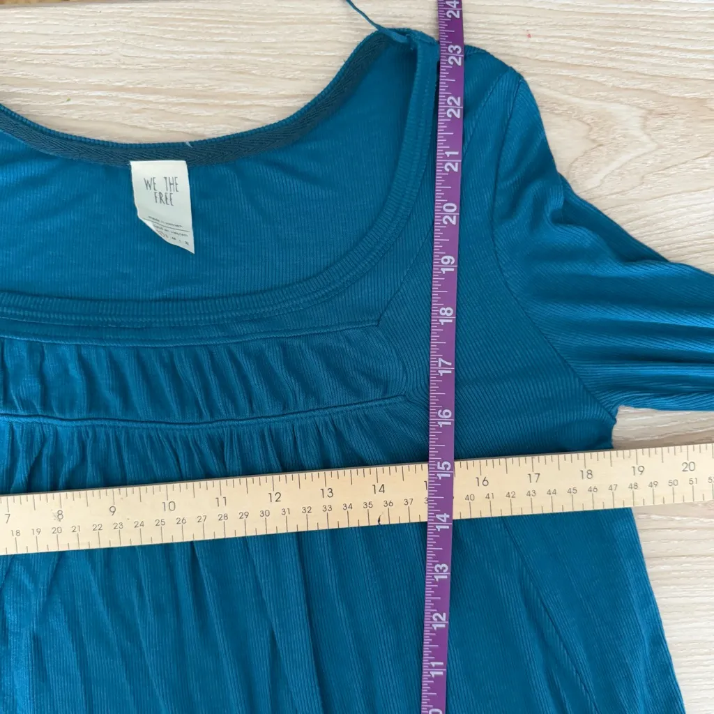 Free People XS Babydoll Swing Top Rib Long Sleeve Ruch Neckline Teal Blue Fall - Image 5