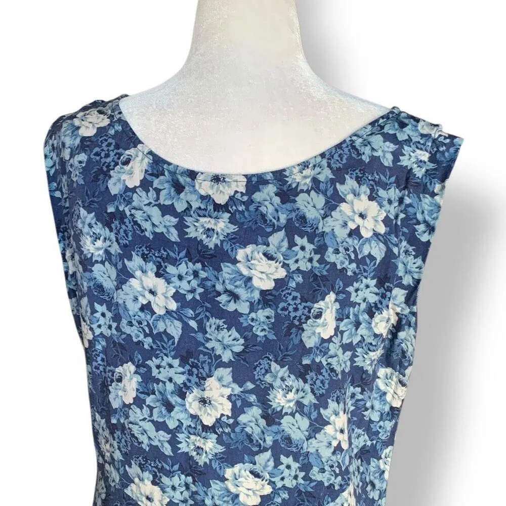 Vintage 90s Rampage Blue Granny Floral Sleeveless Midi Dress Flowy Romantic Size M - Image 10