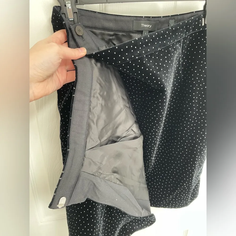 Theory Black White Polka Dot Velvet Pleated Wrap Skirt 100% Cotton Womens Size 2 - Image 6