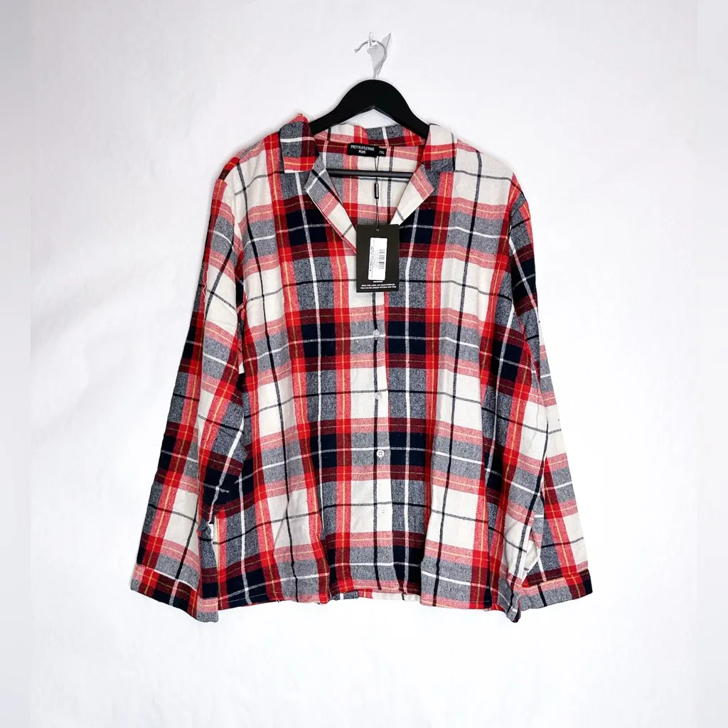 NWT PrettyLittleThing Plus Plaid Checked Pajama Top Button PJ Shirt 2XL Top Only - Image 6