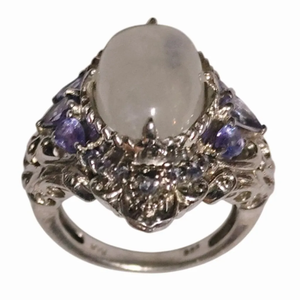 Oval Rainbow Moonstone Ring Size 7 Tanzanite Filigree Sterling Silver Stamp 925 - Image 12
