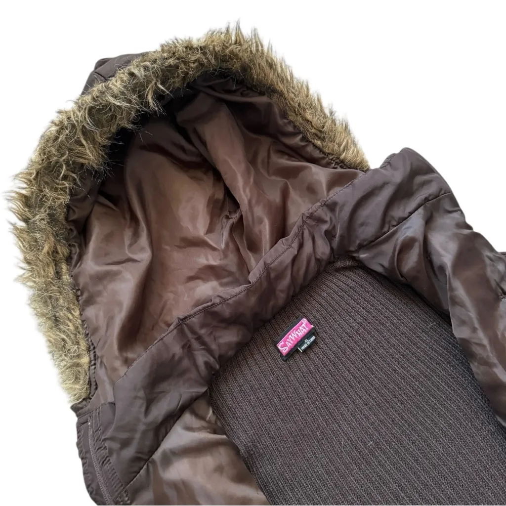 Vintage Y2K Say What? Chocolate Brown Hooded Button Puffer Jacket Size XL - Image 8