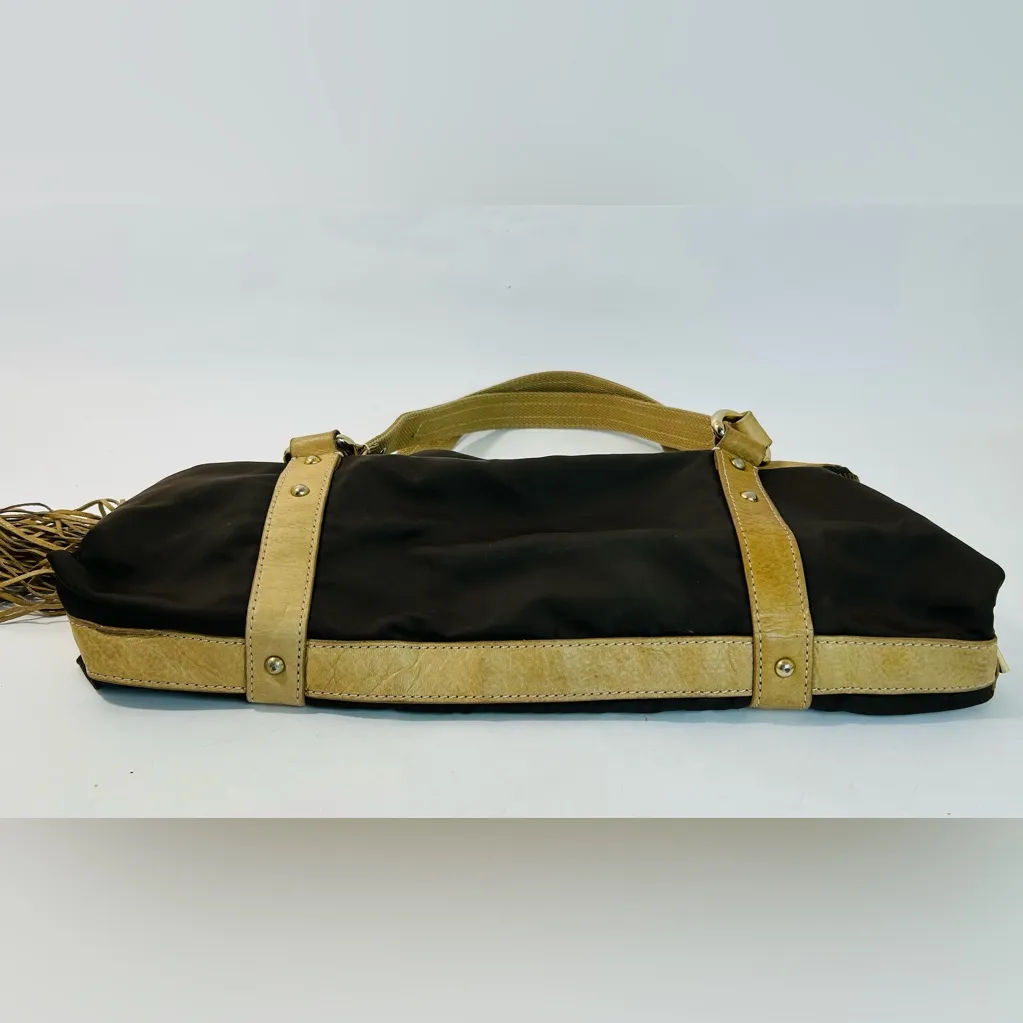 7 For All Mankind Brown Nylon and Leather Foldover Satchel with Fringe Detail - Image 14