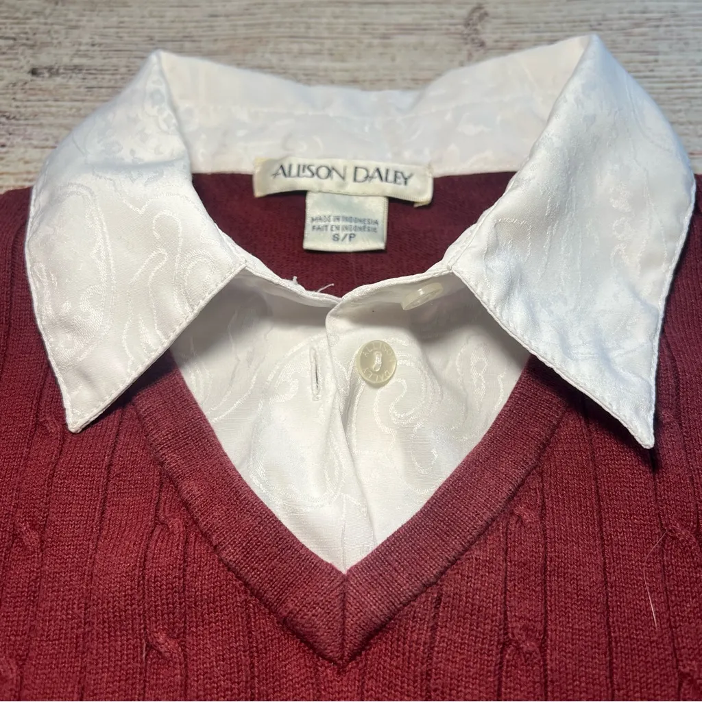 Vintage 90s Academia Sweater Top Womens Small Red Knit Preppy Fall Collared‎ Y2k - Image 5