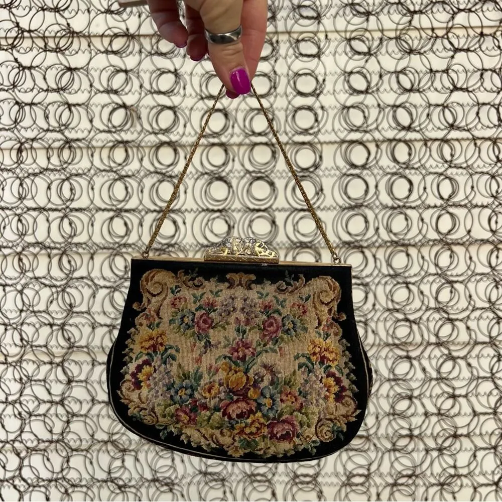 Vintage Jolles Austria Purse Petit Point Embroidered Floral 1930s Tapestry Black - Image 11