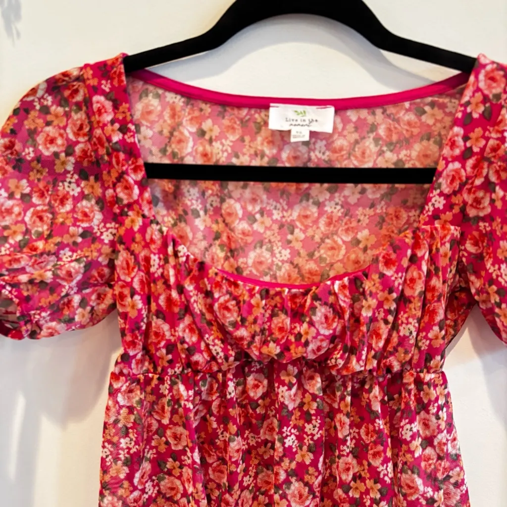 Live In The Moment Micro Mesh Baby Doll Fairy Top Pink Floral Size XS Women's - Image 3