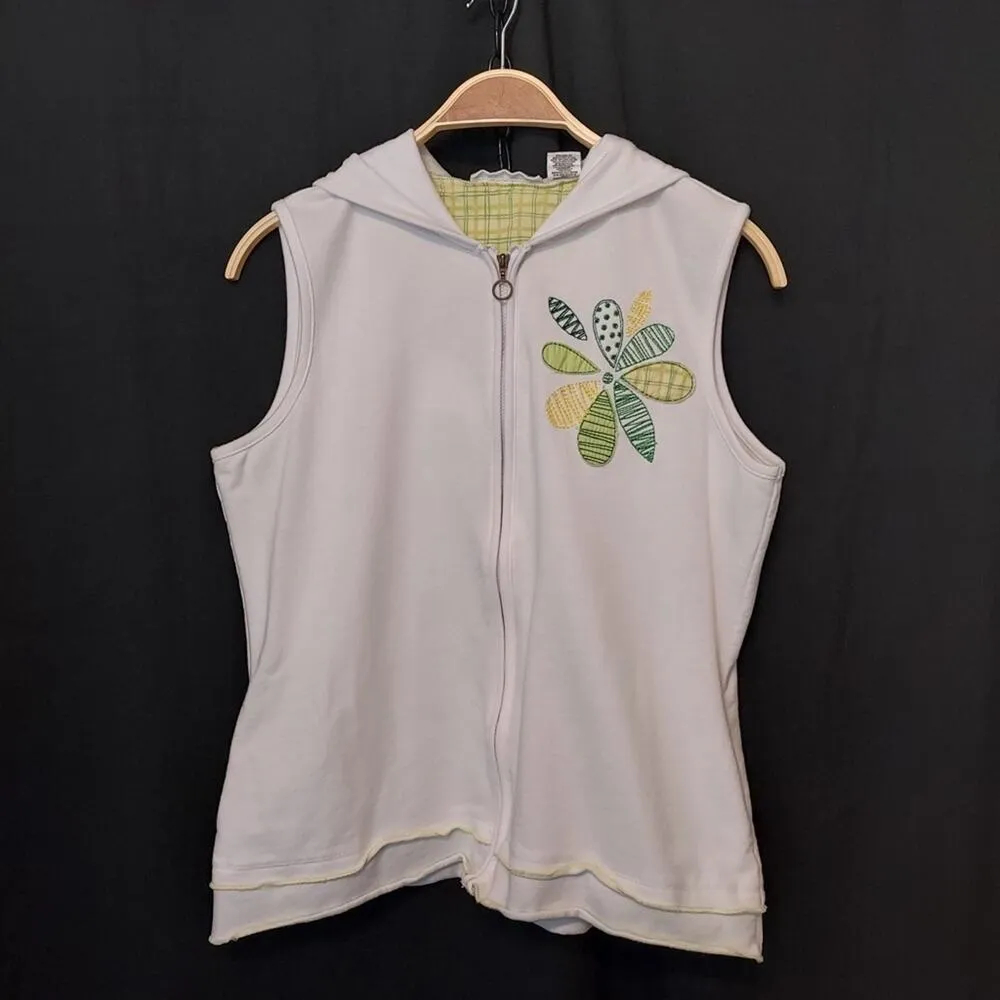 Weekend Clothesline White Hooded Sleeveless Floral Flower Patch Vest Sweater Green Size L - Image 7