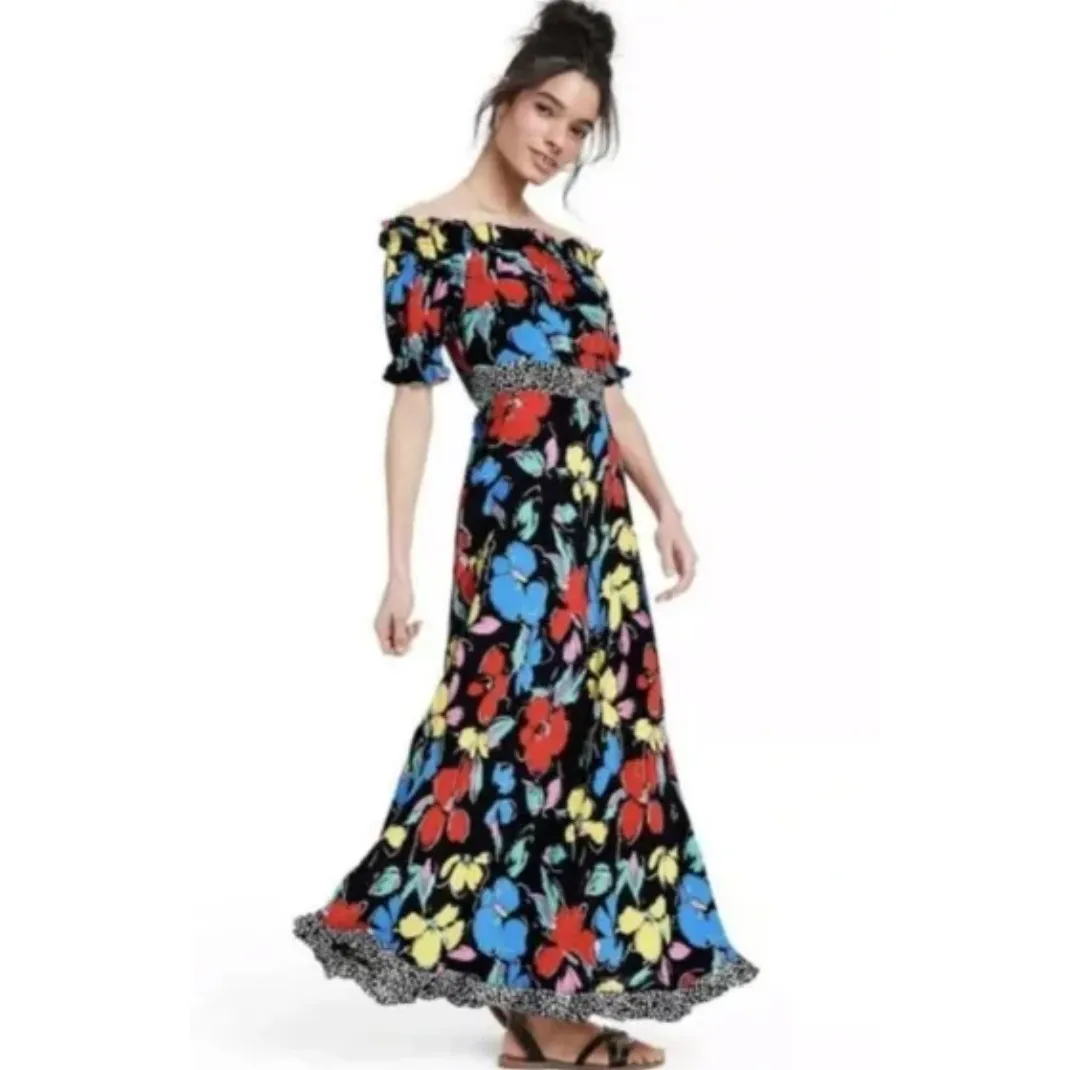 RIXO Dress Womens Size 0 Black Floral Print Flutter Sleeve Maxi‎ Off Shoulder - Image 4