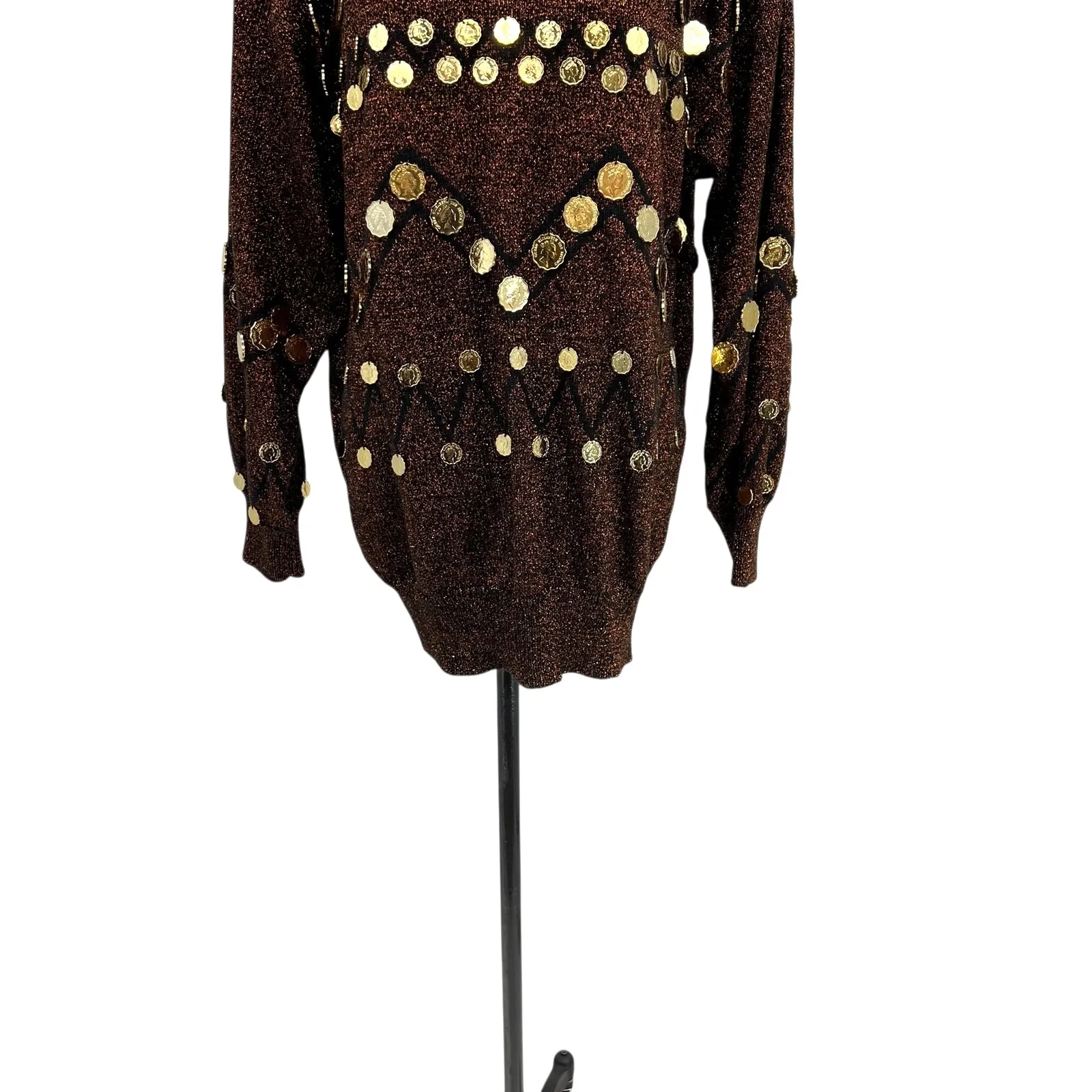 Bonnie‎ Boerer Vintage Sweater Coin Trim Metallic Glitter Gold Size Large - Image 5