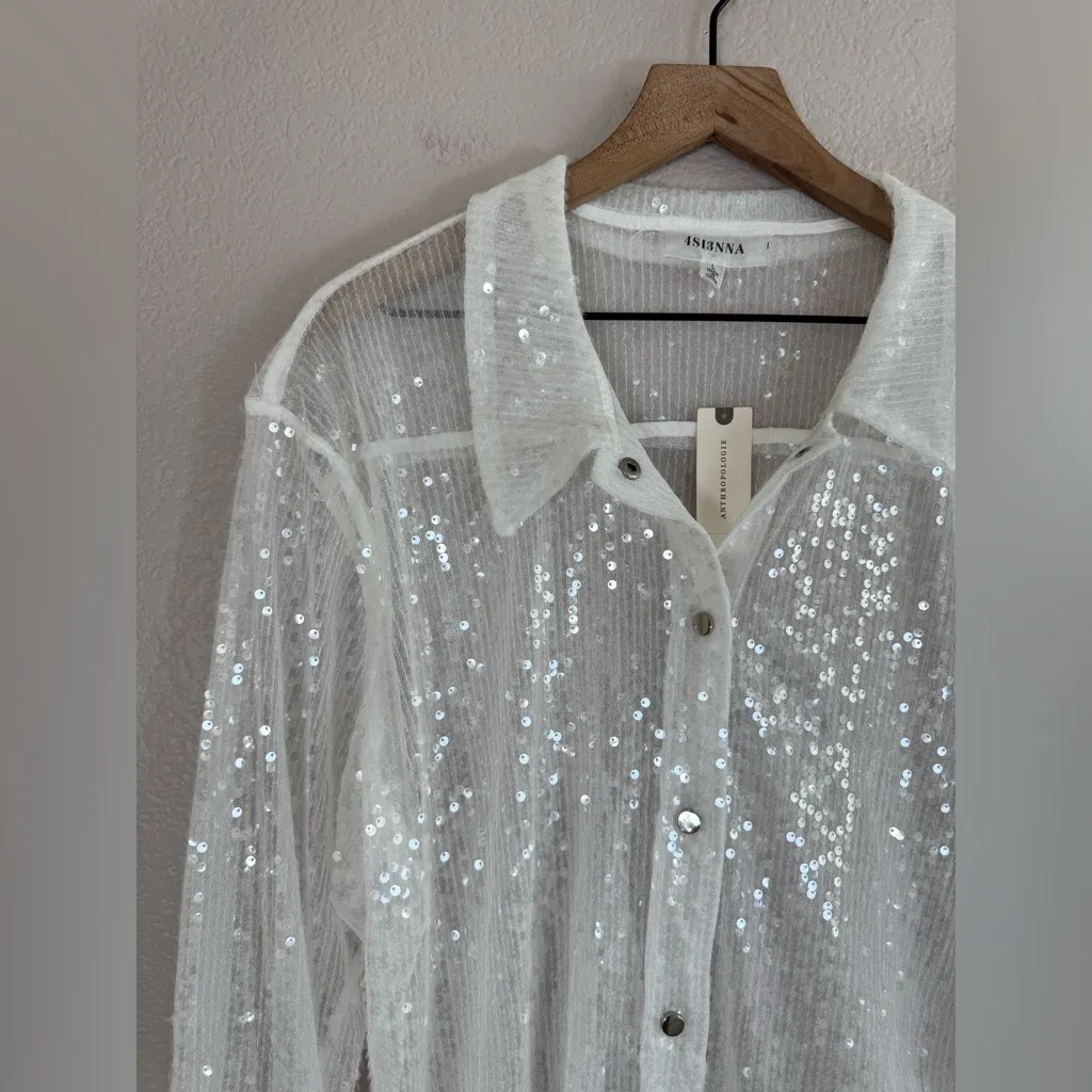 Anthropologie 4SI3NNA Sheer Sequin Long Sleeve Button Down Shirt White Large NEW - Image 7