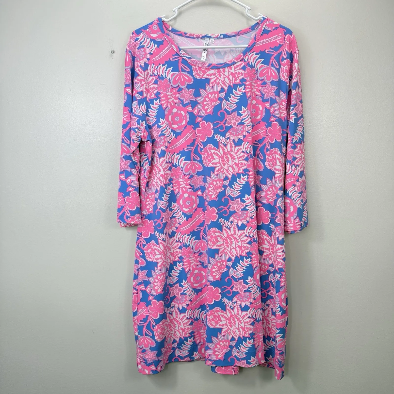Lulu B Pink Blue Tropical Floral 3/4 Sleeve Shift Dress Size XL Resort Cruise Size L - Image 3