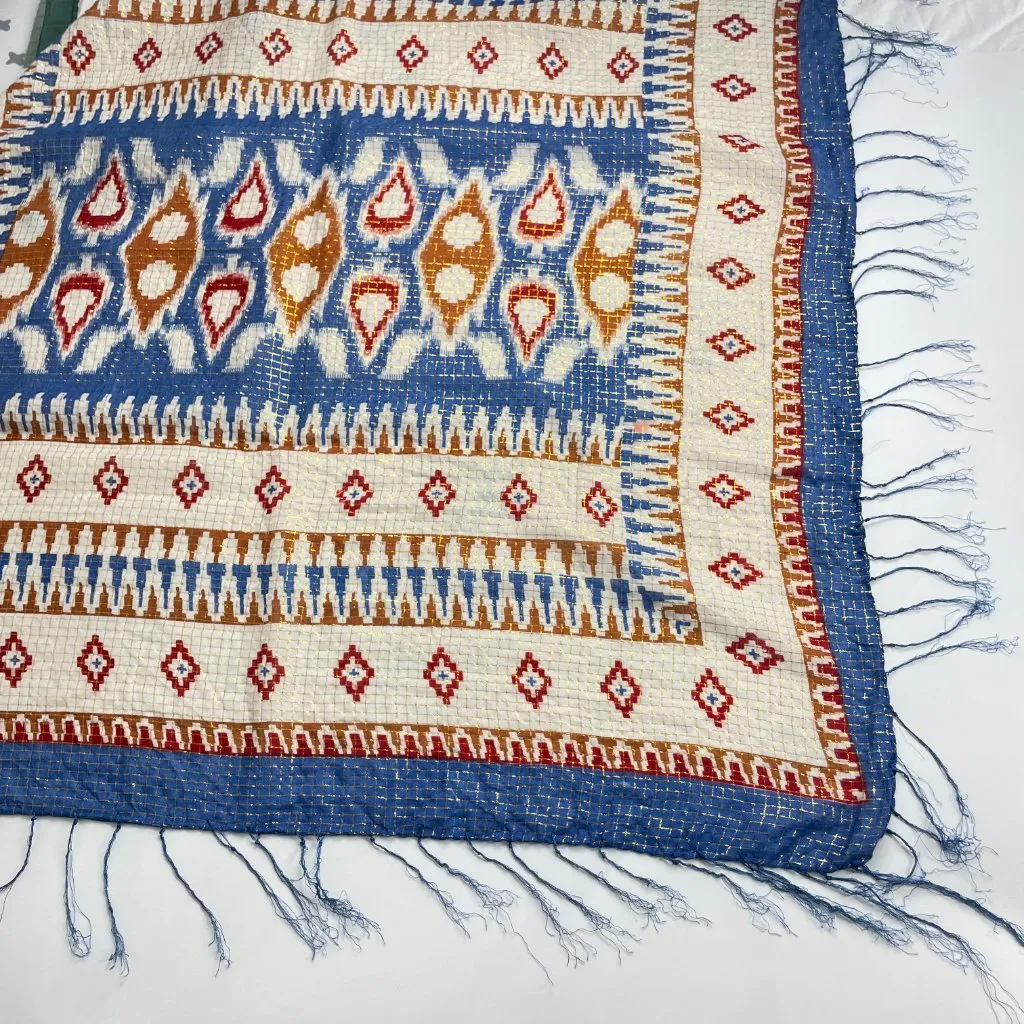 Fringe Scarf Square Southwestern Pattern Blue White Lightweight FLAWS Stripes - Image 7