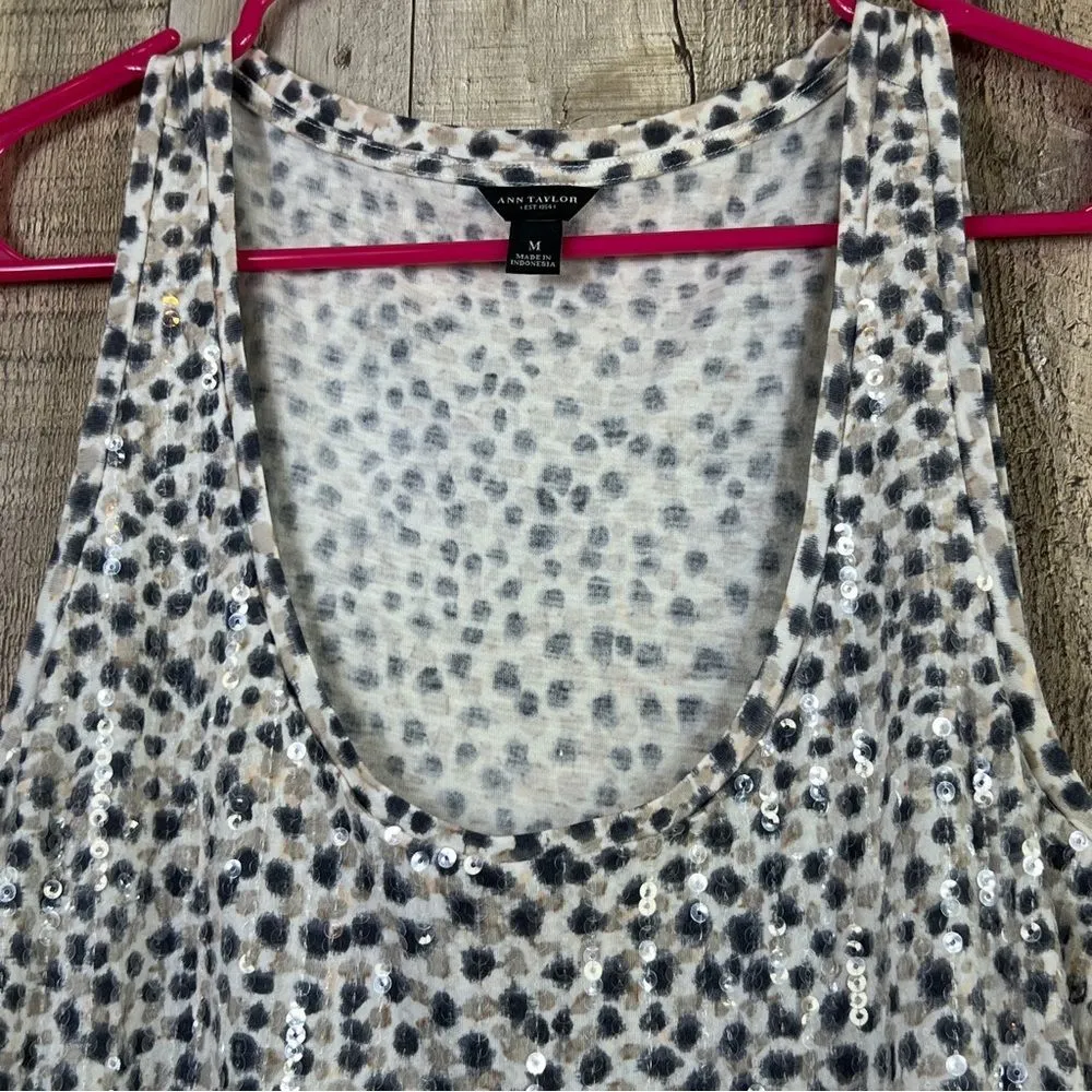 Ann Taylor Size Medium Black & Tan Animal Print Tank Top w/Clear Sequins - Image 3