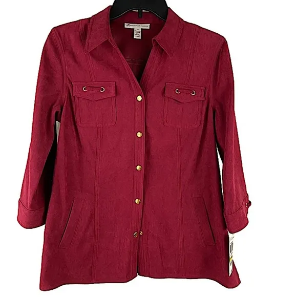 JM Collection Snap Front Dark Red Maroon Microsuede Top Size Petite Medium NWT - Image 4