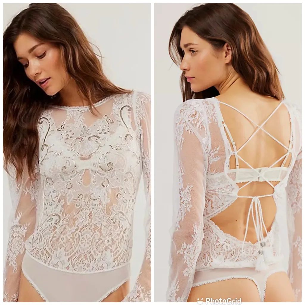 FREE PEOPLE Sheer White Lace Sequin Beaded Bodysuit XS Embroidered Boho Festival - Image 2