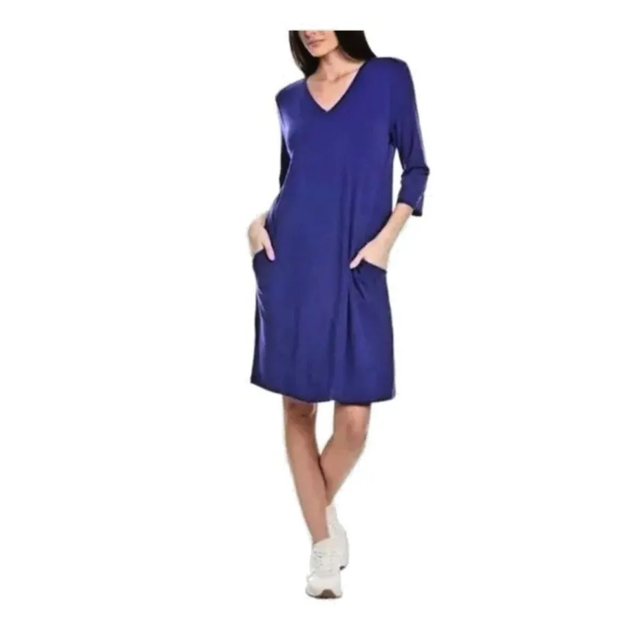 Eileen Fisher Women S Royal Blue Dress V Neck A Line Knee Length Jersey Knit - Image 2