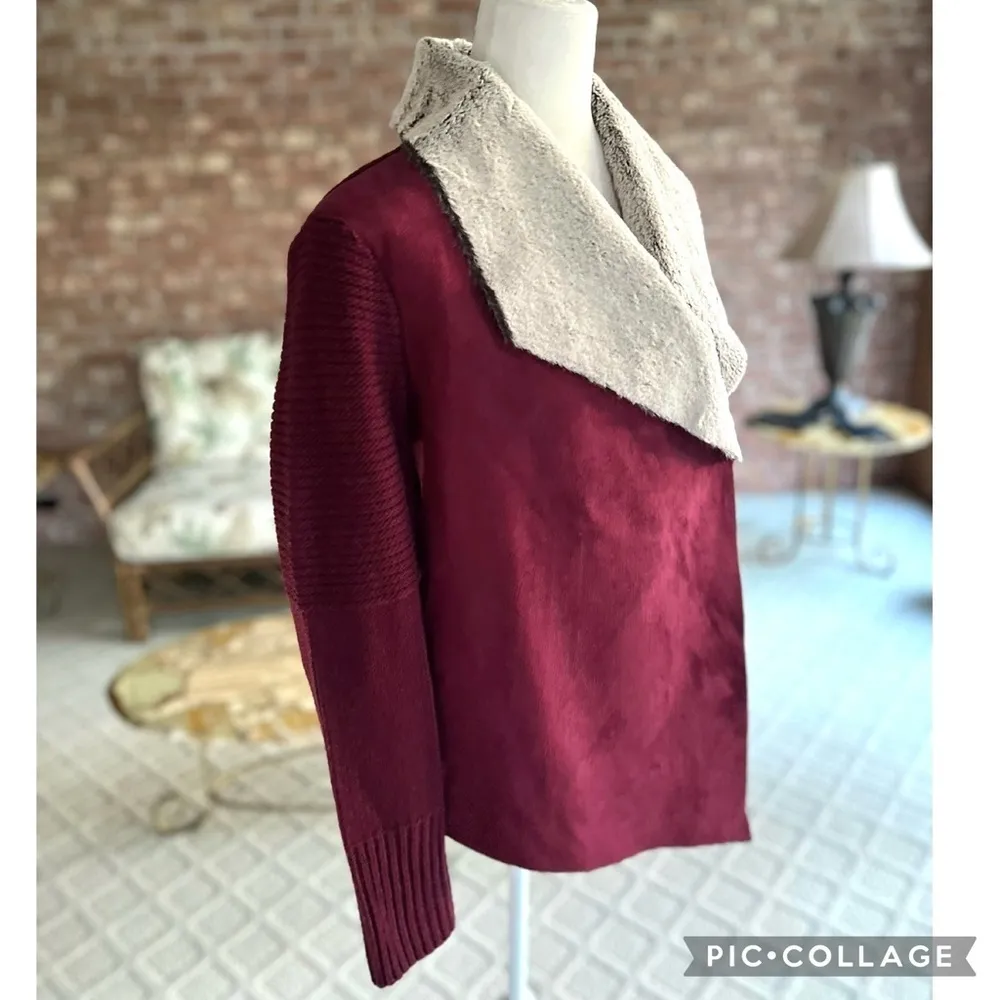 BNCI by Blanc Noir Jacket Plum Faux Suede Fur S Chic Winter Knit Sleeve Purple - Image 13