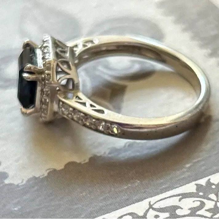Sterling Silver Ring with Deep Blue lab sapphire and CZ surround - Image 6