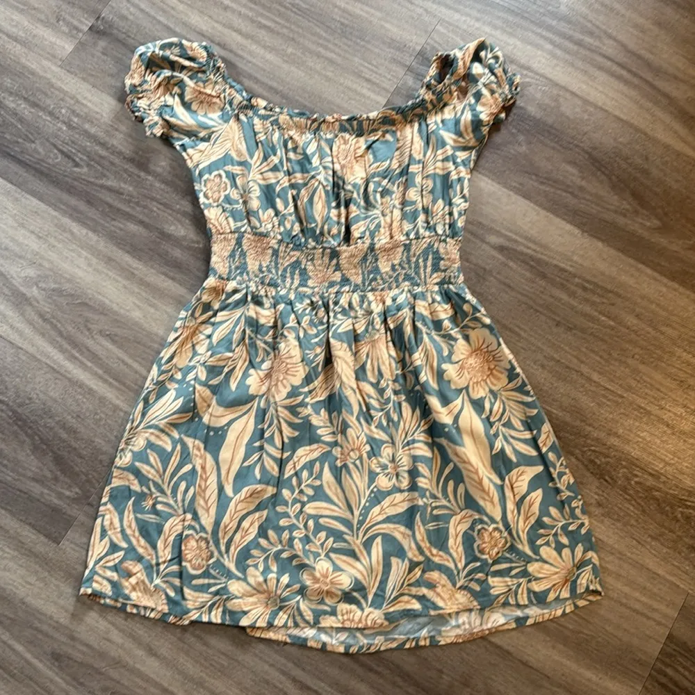 Patrons of Peace Blue and Cream Ruched Off-Shoulder Mini Sundress - Image 5