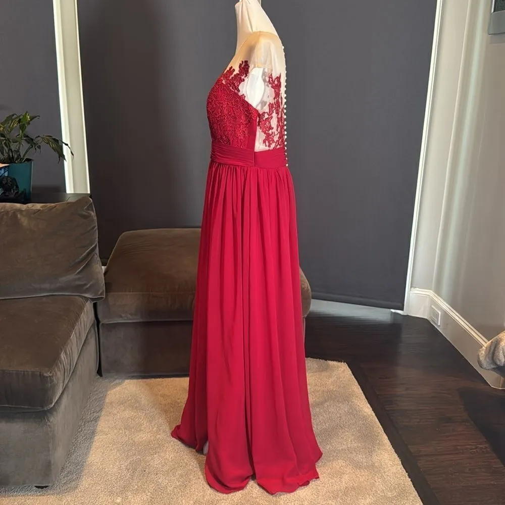 Women’s Red Full Length Formal Dress Lace Appliqué Zip Back Leg Slit Size 16 NEW - Image 6