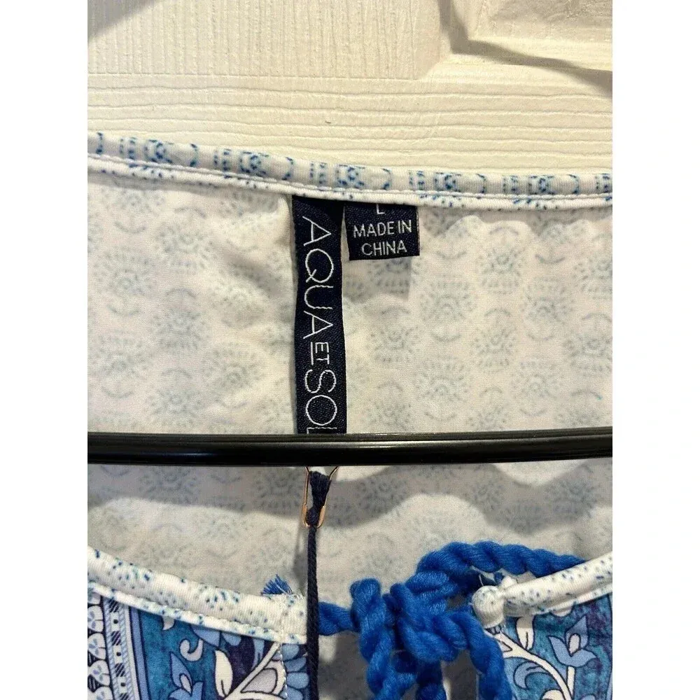 NEW Aqua‎ Et Sol Swim Cover Up Womens L Blue White Geometric Dress UPF 50 Size L - Image 4