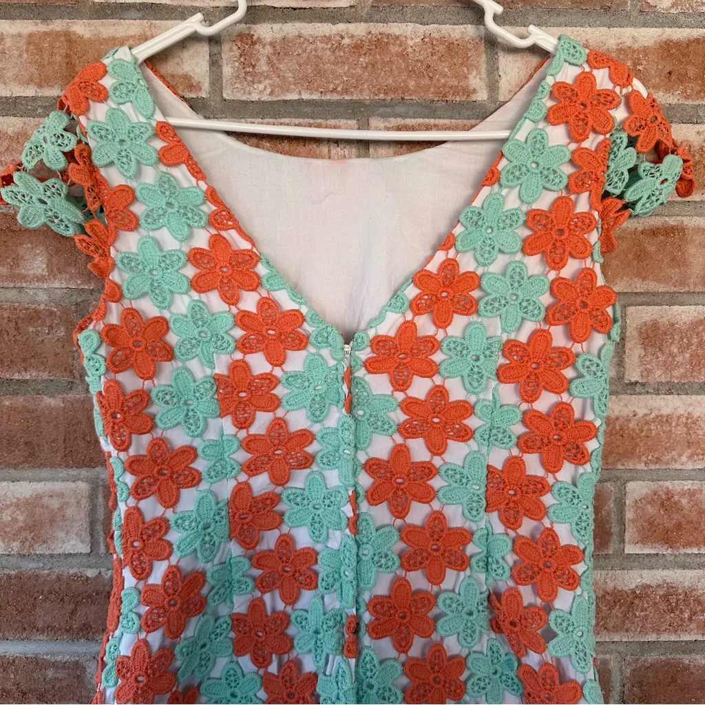 Lilly Pulitzer Crochet Overlay Flower Coral Teal Sheath Dress Women’s Size 6 - Image 8