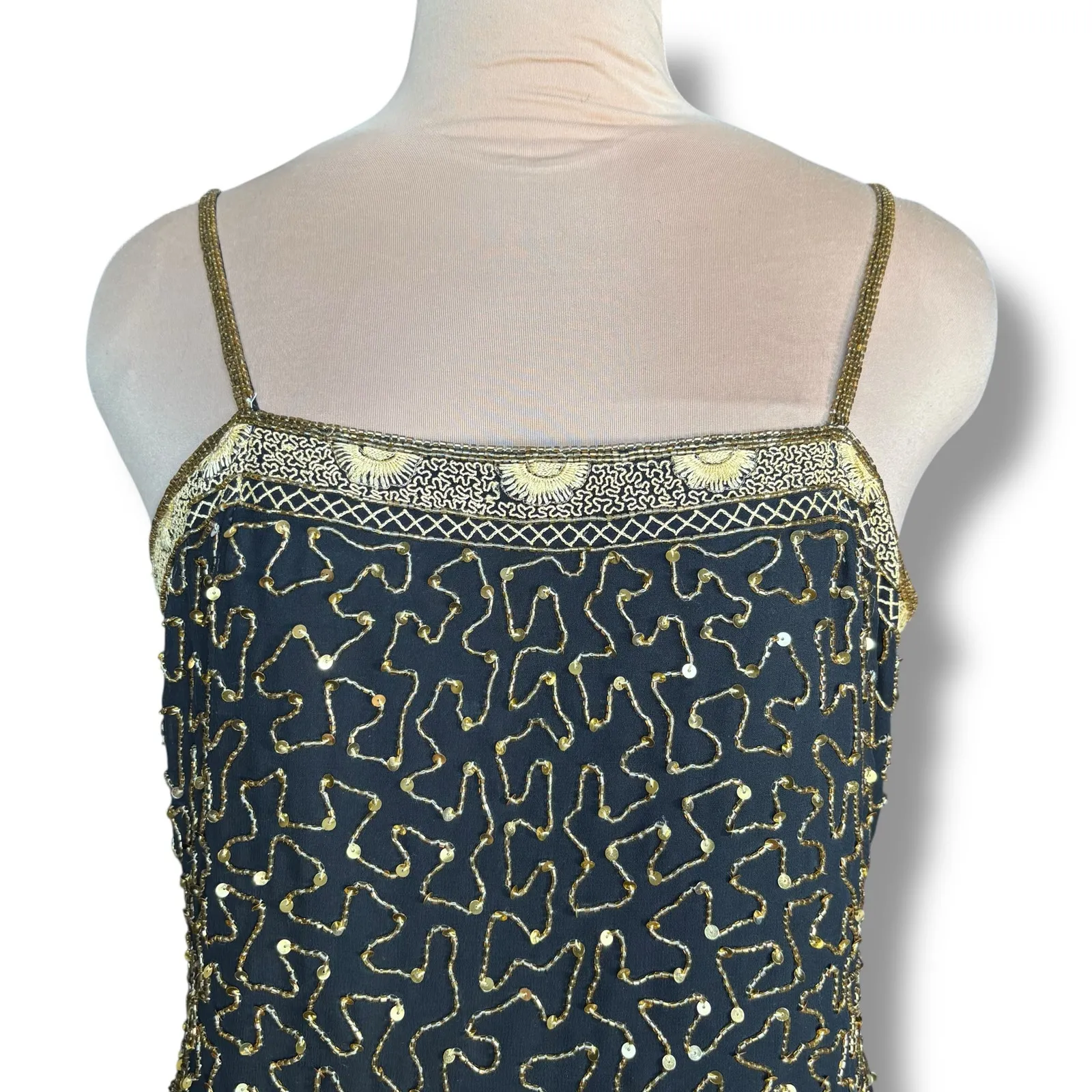 Vintage Beaded Drama Black Gold Drop Waist Sequin Cocktail Dress Sleeveless 4 Size M - Image 4