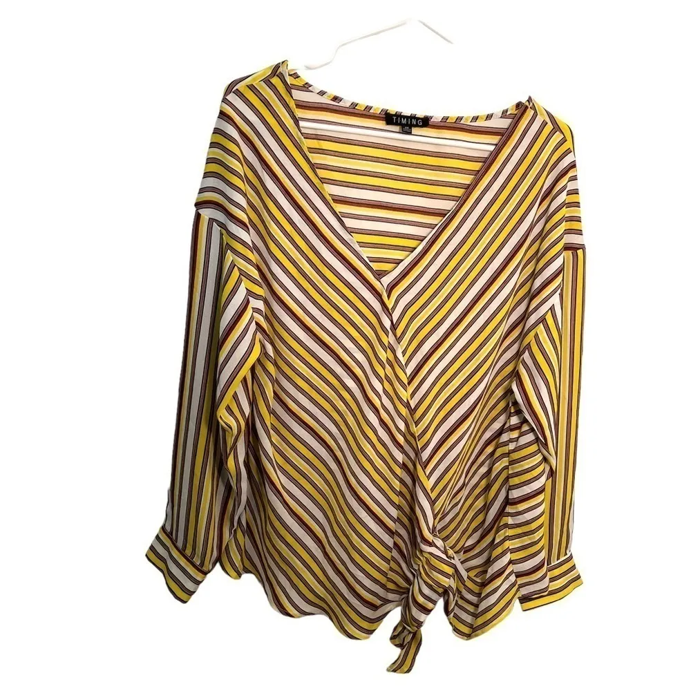Timing Faux Wrap Blouse Yellow Red Stripes - Image 2