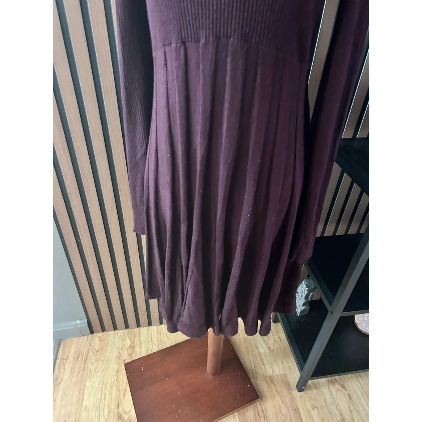Burgundy -sleeve, mock-wrap, fit-and-flare sweater dress purple color with a rib - Image 2