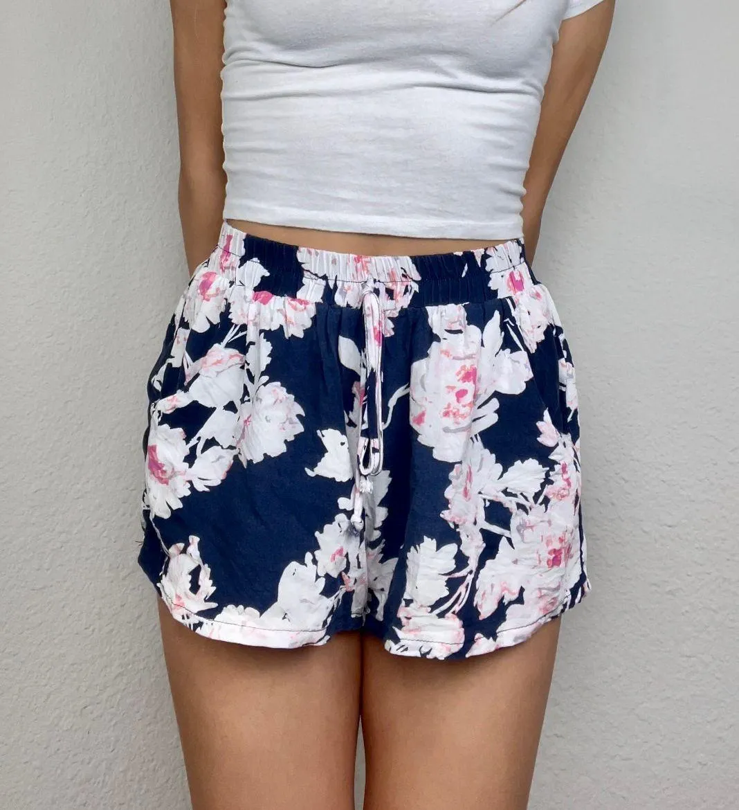Dark Navy Blue Floral High-Waisted Flowy Shorts - Image 2
