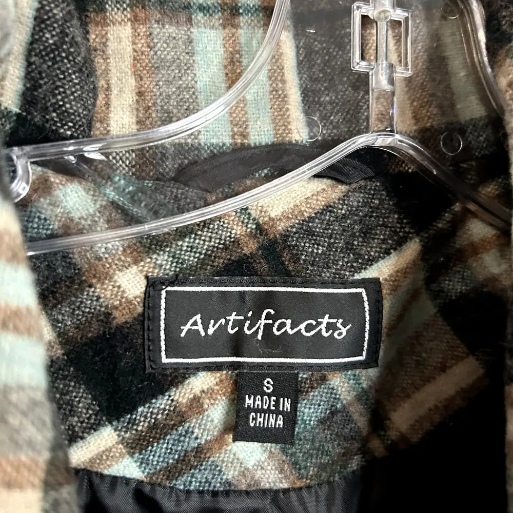 Artifacts Plaid Short Peacoat Womens Size Small Teal Brown Cream Black Y2K Green - Image 2