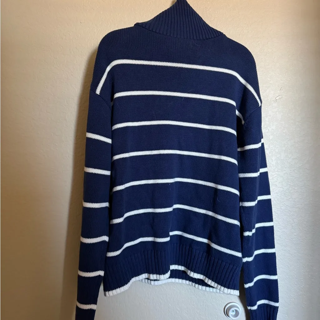 United Colors Of Benetton Striped Quarter-Zip Sweater Size Medium Navy White - Image 6