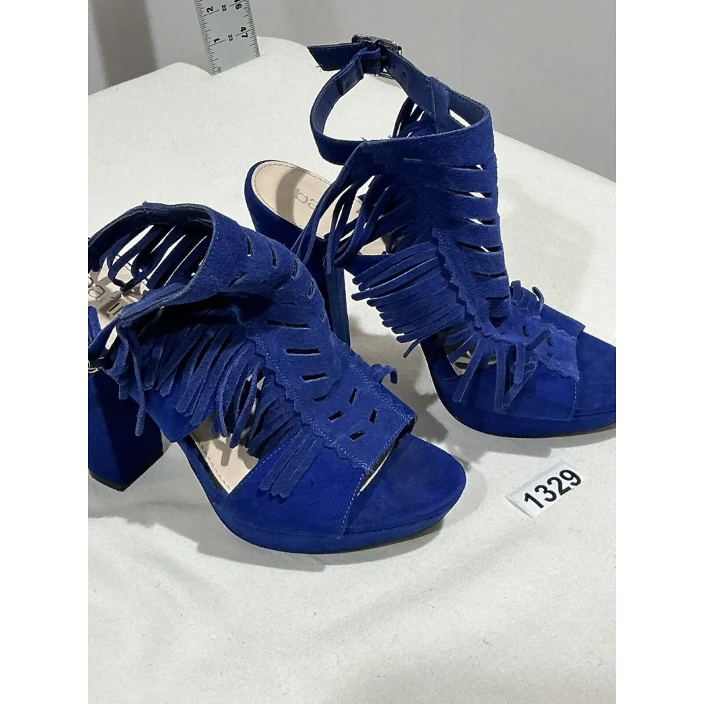 Woman’s Bar111 Size 8 Blue Suede Fringe High Chunky Heel Buckle Close Sandals - Image 2