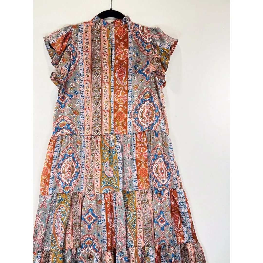 Pinch Womens Dress Brown Midi Tiered Floral Flutter Flowy A Line Boho Medium - Image 8