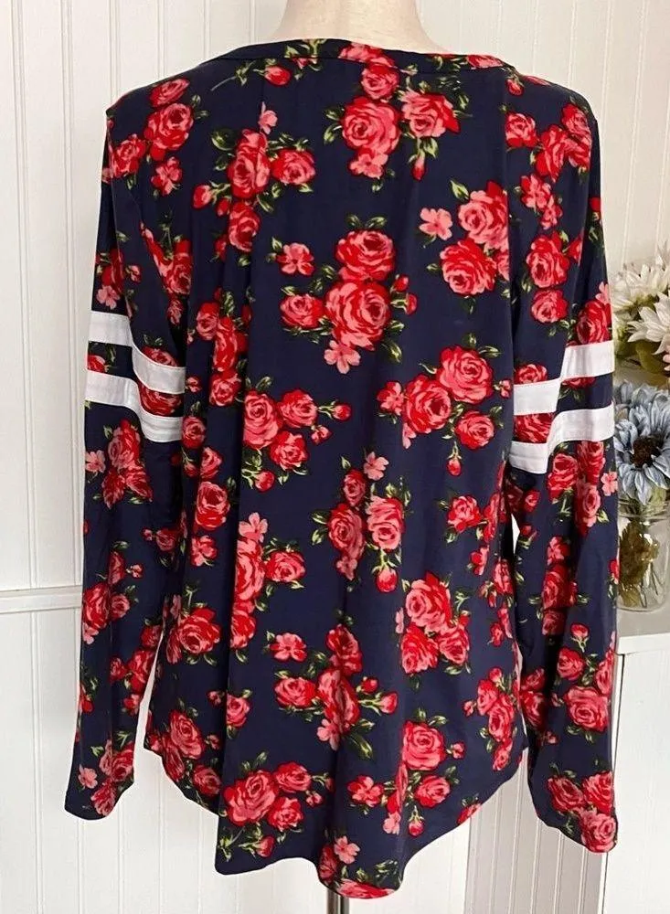 Floral Print Keyhole Top Accent Neckline Long Sleeve - Image 2
